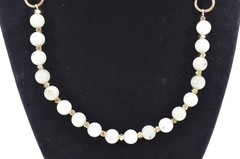 Pale Green Jade? Round Bead Stone Necklace Gold Tone Chain 21″
