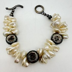 Vtg Baroque Pearl Bracelet Sterling Silver QVC Chunky Cluster Hammered Nuggets