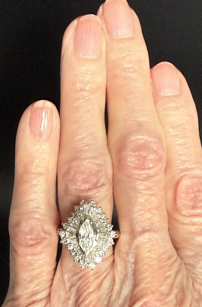 14 KT WG Vintage Ballerina Style Natural Diamond Ring, 2.15 TCW, 5.8 Grams