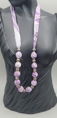 Vintage Purple Silk Wrapped Bead Necklace White Swirl Silver Tone Spacers 22″