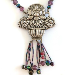 Bold 80s Eclectic Boho Roxsann Purple Floral Pewter Repousse Statement Necklace