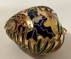 Gold Tone Metal Cloisonne Enamel Puffy Heart Shaped Pendant or Ornament With Box