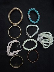 9 Vtg Bracelet Rhinestone Metal Faux Pearl Beads 7 Stretchable