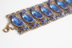 1920s/30s Czech Faceted Oval Blue Glass Enamel Openwork Panel Bracelet ~6 3/4″ L