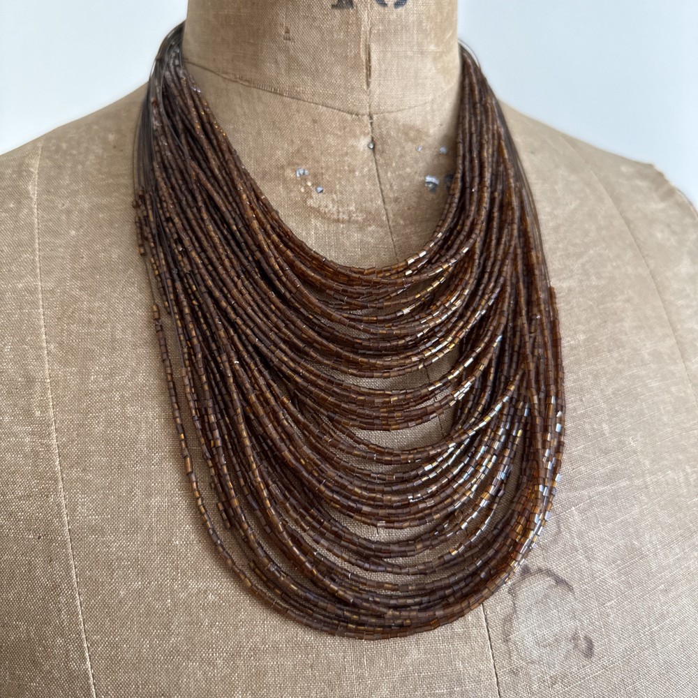 Vtg Waterfall 90s Y2k Beaded Necklace ~ Metal Acrylic Brown Friends Era 19” Adj