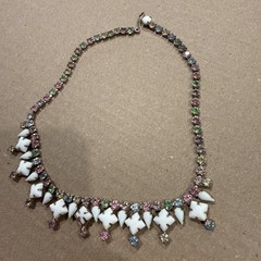 White Milk Glass Rhinestone Pastel Pink Green Blue Yellow Necklace