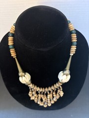 Vintage Stone Wood & Metal Beaded Necklace. Ethnic Art Design Hook Closure 23”