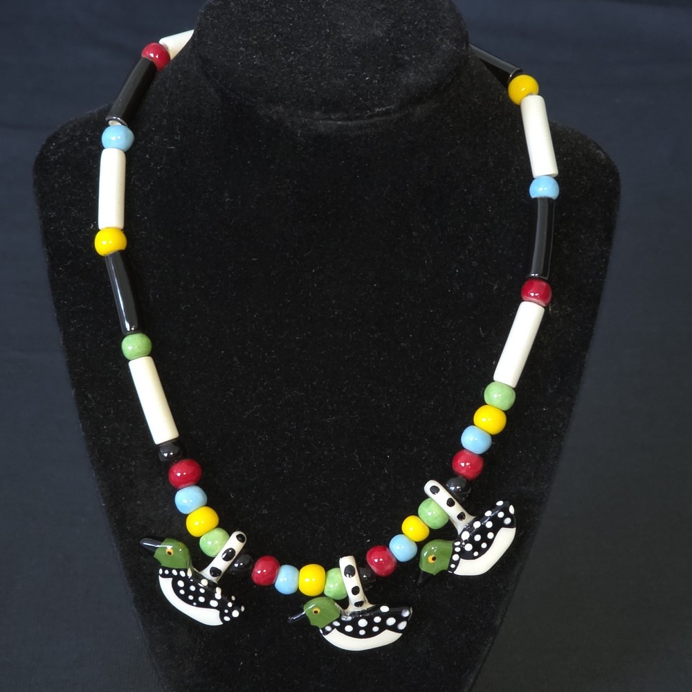 VTG Flying Colors 3 Duck Colorful Ceramic Bead Necklace Bold Statement