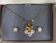 Vintage Avon Porcelain Rose Necklace & Earrings Set Gold Tone Floral Jewelry 23″