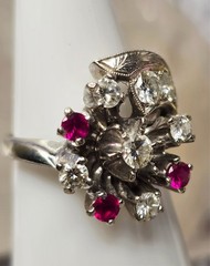 Vintage GOTHIC Kinsley & Sons Inc. 14K White Gold Diamond Ruby Ring 1940s Rare
