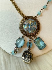 Grandmother’s Buttons Art Glass Necklace Moon Face Vintage Blue Bead Brass Chain