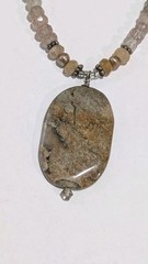 Vtg Sterling Silver Faceted Rutilated Quartz Beads & Jasper Pendant 19″ Necklace