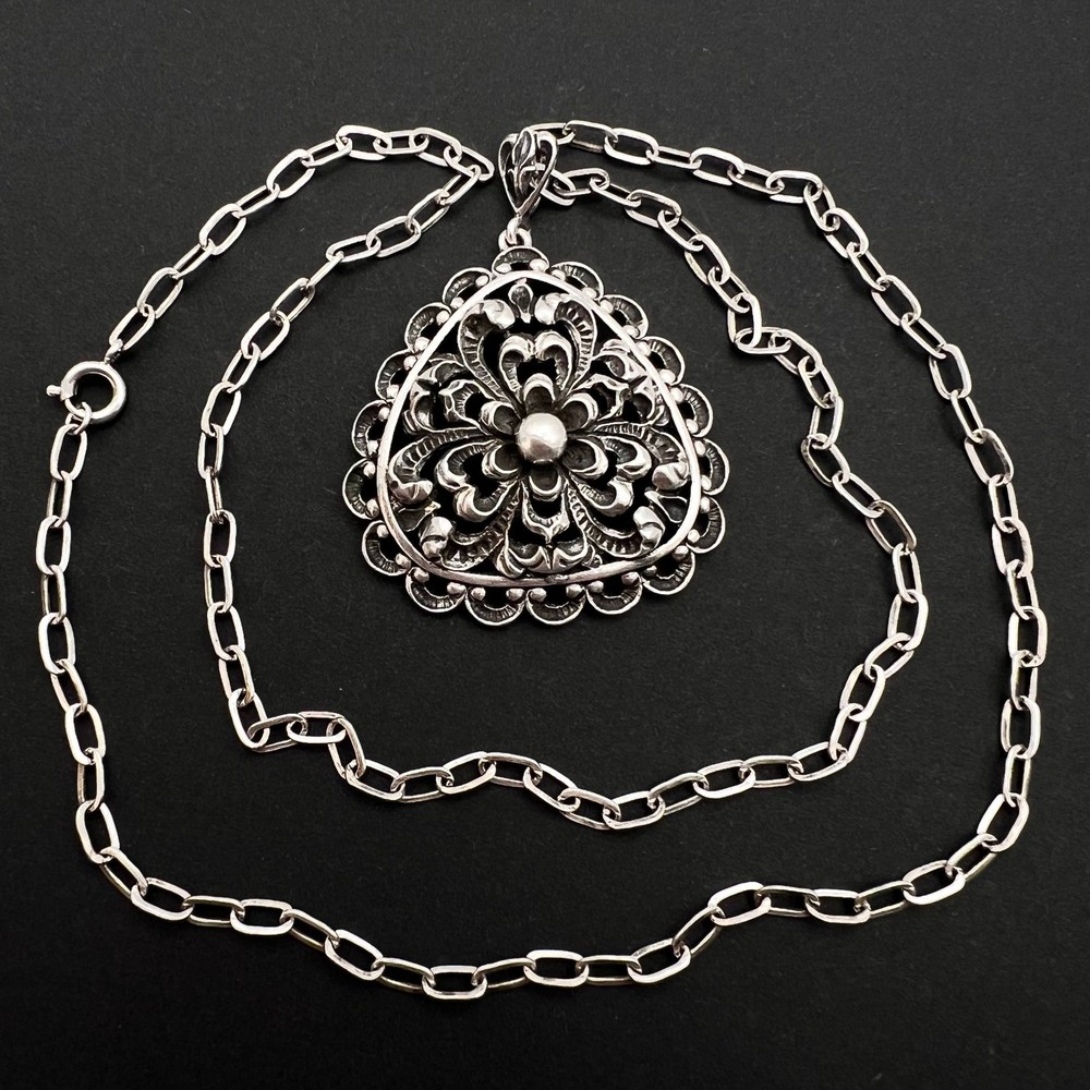 Vintage German 835 Silver Filigree Pendant with Chain Antique Jewelry 21.2g