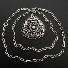 Vintage German 835 Silver Filigree Pendant with Chain Antique Jewelry 21.2g