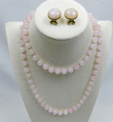 Vintage Hand Knotted Rose Quartz Gold 32″ Round Bead Necklace & Pierced Earrings