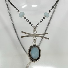 Vintage J+I Artisan Sterling Silver 925 Oval Bezel Aquamarine Pendant Necklace