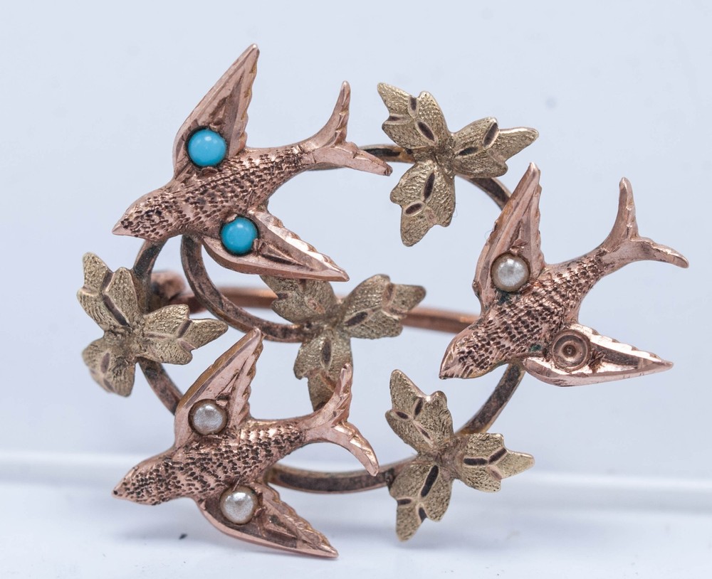 Estate Victorian 15ct Two Tone Gold Swallows Leaves Pin Brooch Round 0.9″ 1.72g