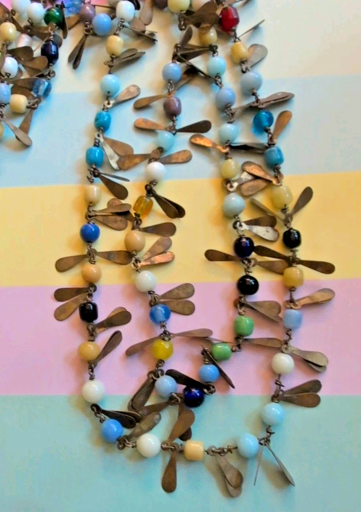 Vintage Multi Color Glass Bead Copper Charms Chain Necklace 50” boho