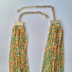Vtg Orange Green Multistrand Boho Seed Bead Necklace & Earrings Set