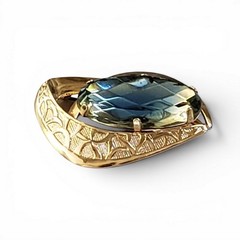 Vintage Blue Faceted Glass Crystal Gold Tone Mid Century Modern Brooch