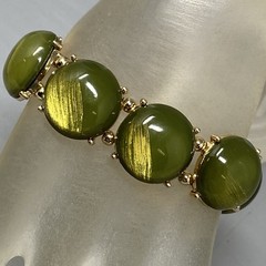 Olive Stretch Bracelet Acrylic Cabochons Gold Tone Sheen Metal Chunky Retro 7″