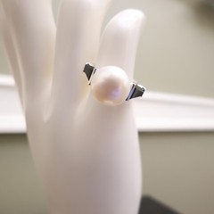 Art Deco ring QVC white pearl black crystals 925 sterling silver signet Size 5