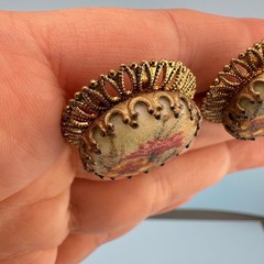 Vintage West Germany Earrings Sugared Florals Gold Tone Filigree Round Clip On