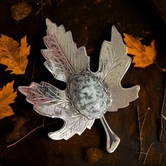 Vtg Jasper Stone Maple Leaf Brooch Pin Cabochon Silver Tone Autumn Harvest Fall