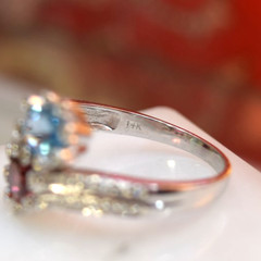 Estate 14K White Gold Toi et Moi Pink Tourmaline Blue Topaz Ladies Diamond Ring