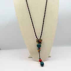 Vintage 90s Flower Pendant Necklace Glass Beads Brown Silk Cord Boho Jewelry
