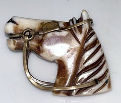 Vintage Horse Head Equestrian Pendant Carved Mother Of Pearl/Ivory/Elk Ant Brass