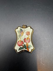 Vintage Cloisonné Enamel Butterfly Floral Pendant Gold Tone Cream Enamel