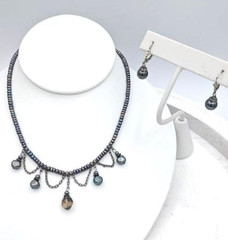 Vintage Freshwater Pearl Necklace Earrings SET Smoky Quartz Drop Gunmetal Chain