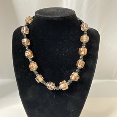Vintage Art Glass Beaded Necklace Light Pink & Black Artisan Choker Length 14″
