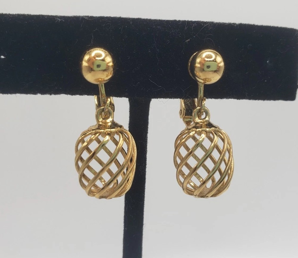 Napier Gold Tone Clip On Screw Back Dangle Drop Gold Birdcage Twist Earrings