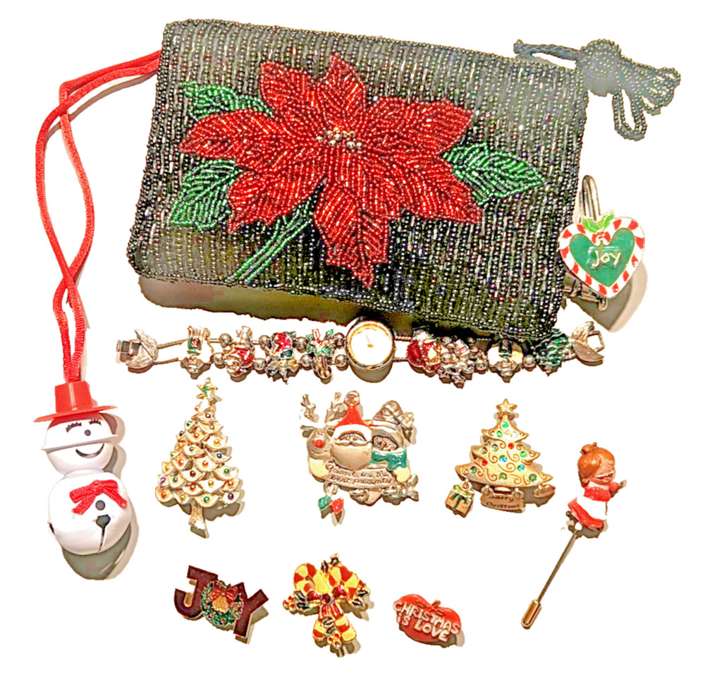 Christmas Holiday Jewelry Lot Brooches Pins Watch Charm Bracelet Pouch 11 Pc