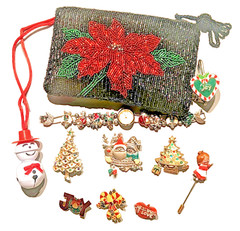 Christmas Holiday Jewelry Lot Brooches Pins Watch Charm Bracelet Pouch 11 Pc