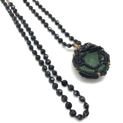 Vintage Jet Black Faceted Glass Strand Pink Clear Rhinestone Pendant Necklace