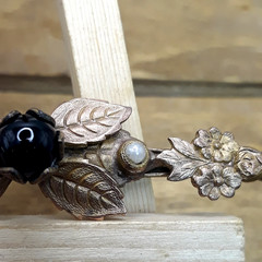 Antique Art Nouveau Repousse Brass Black Glass Bead Floral Bar Brooch 3.25″
