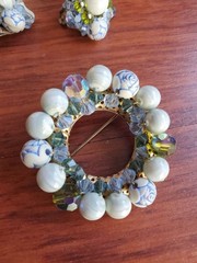 VTG Glass Bead Crystal Brooch Earring Jewelry Set