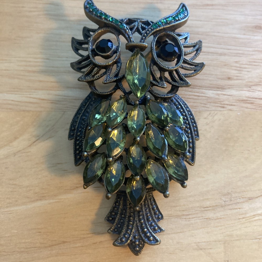 Vintage Owl Brooch Pin Avocado Olive Green Rhinestones & Metal Lg 3” Retro Boho
