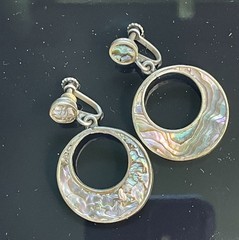 Vintage 1950s Mexico Sterling Silver Abalone Crescent Hoop Screw-Back Earrings