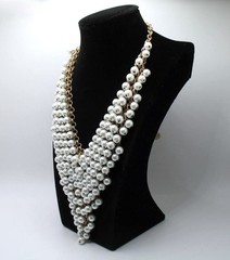 Vintage RJ Graziano statement bib necklace Goldtone chainmail and faux pearls