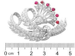 Vintage 4.65Ct Diamond and 0.24Ct Ruby Platinum Floral Brooch Circa 1950