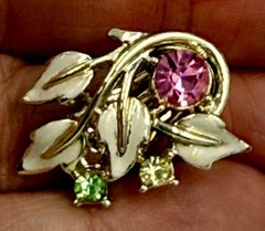Pair CORO Clip Earrings – Pink and Green Rhinestone with White Enamel Leaves