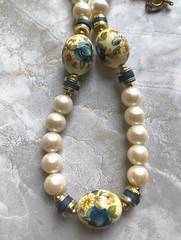Vintage Japan Transferware Blue Floral Bead & Faux Pearl Station Necklace