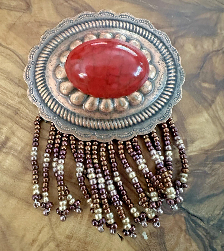 Artisan Red Oval Cabochon Brooch – Copper Tone Beaded Fringe Southwest Boho Pin