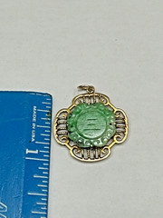 Antique Vintage Asian Style 14k Yellow Gold Pendant With Garved Jade Gemstone
