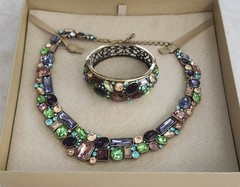 JTV Jewel Tone Rhinestone Statement Bib Necklace and Cuff Bracelet