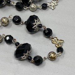 Black Beaded Necklace Silver Tone Cap Chain Link Glass Acrylic Station Long 40″